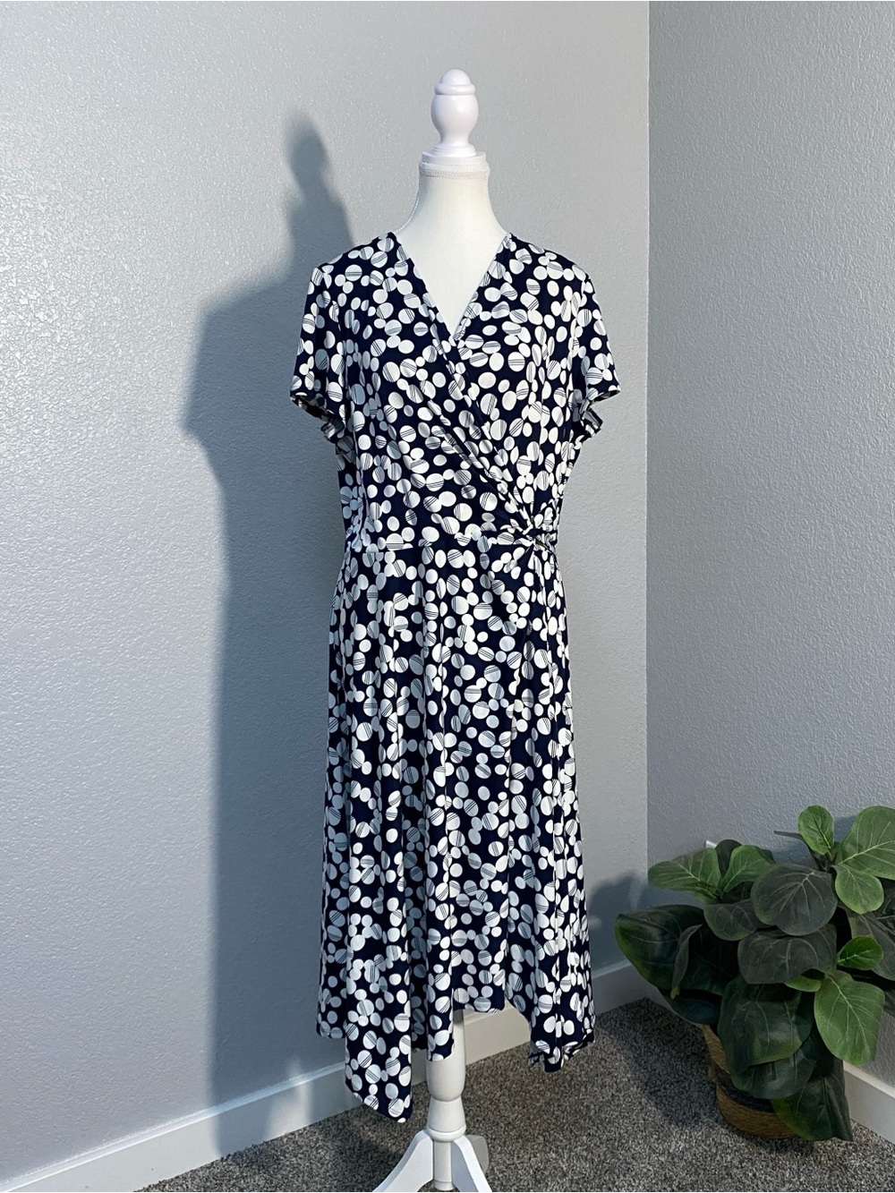PERCEPTIONS NEW YORK POLKA DOT WRAP MIDI DRESS CASUAL OFFICE CORPORATE GIRLY